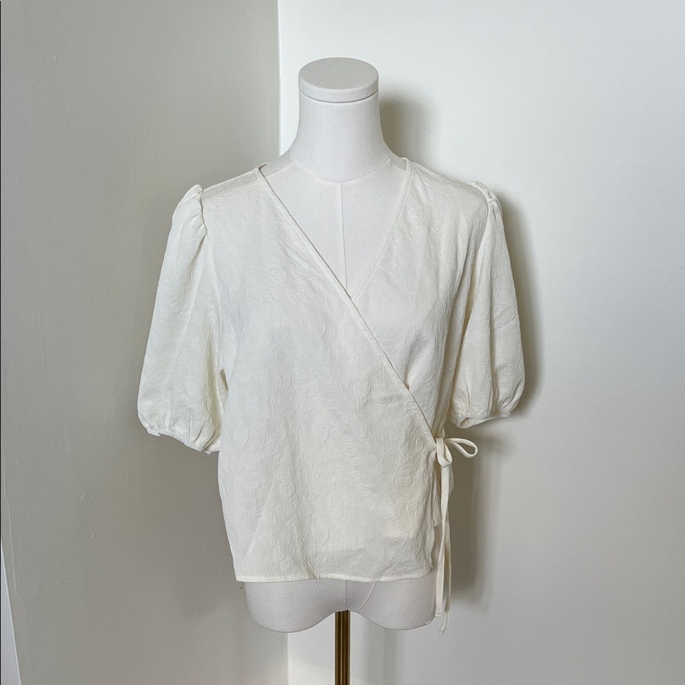 NWOT Ivory Floral-Textured Wrap Top